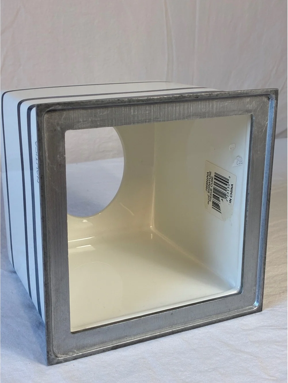 Nautica Ceramic Tissue Box Cover with Blue Stripes and Silver Base